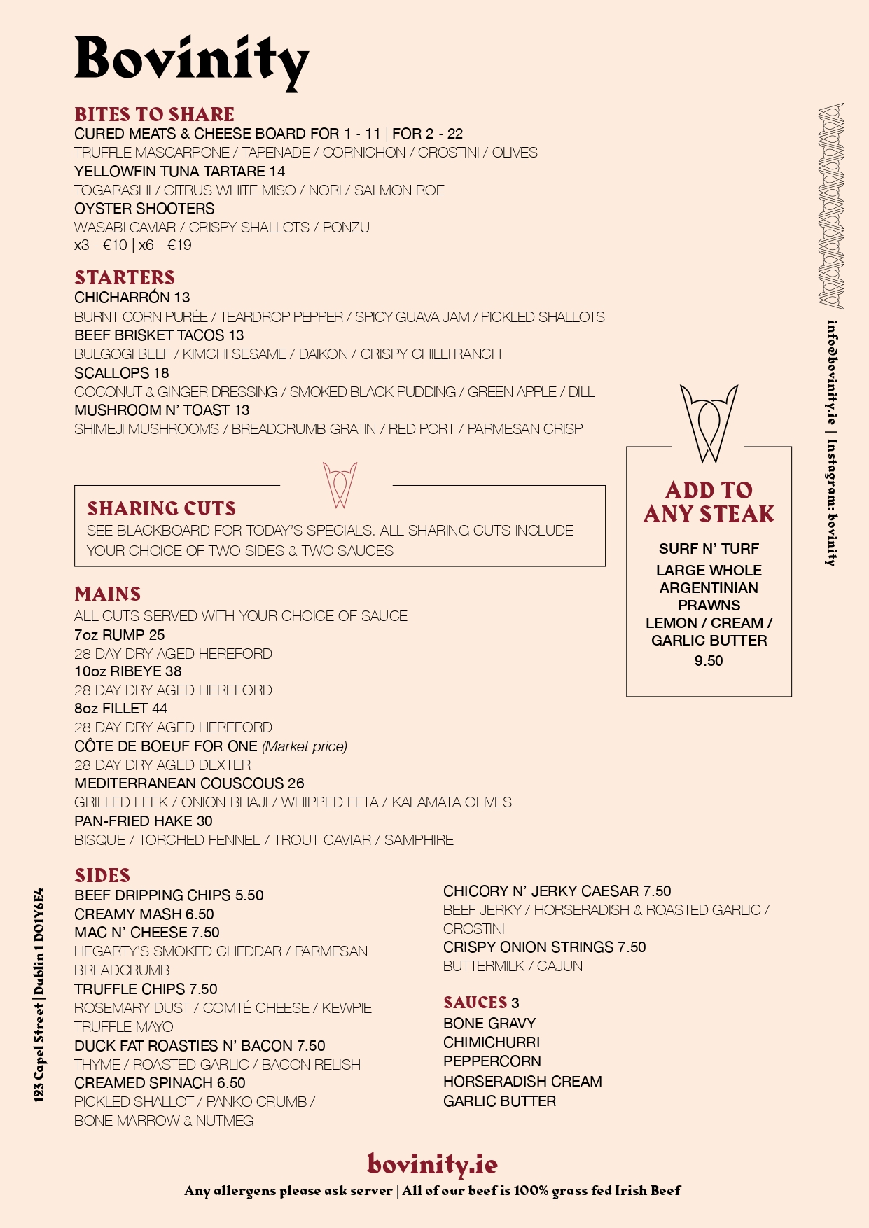 Bovinity ala carte menu