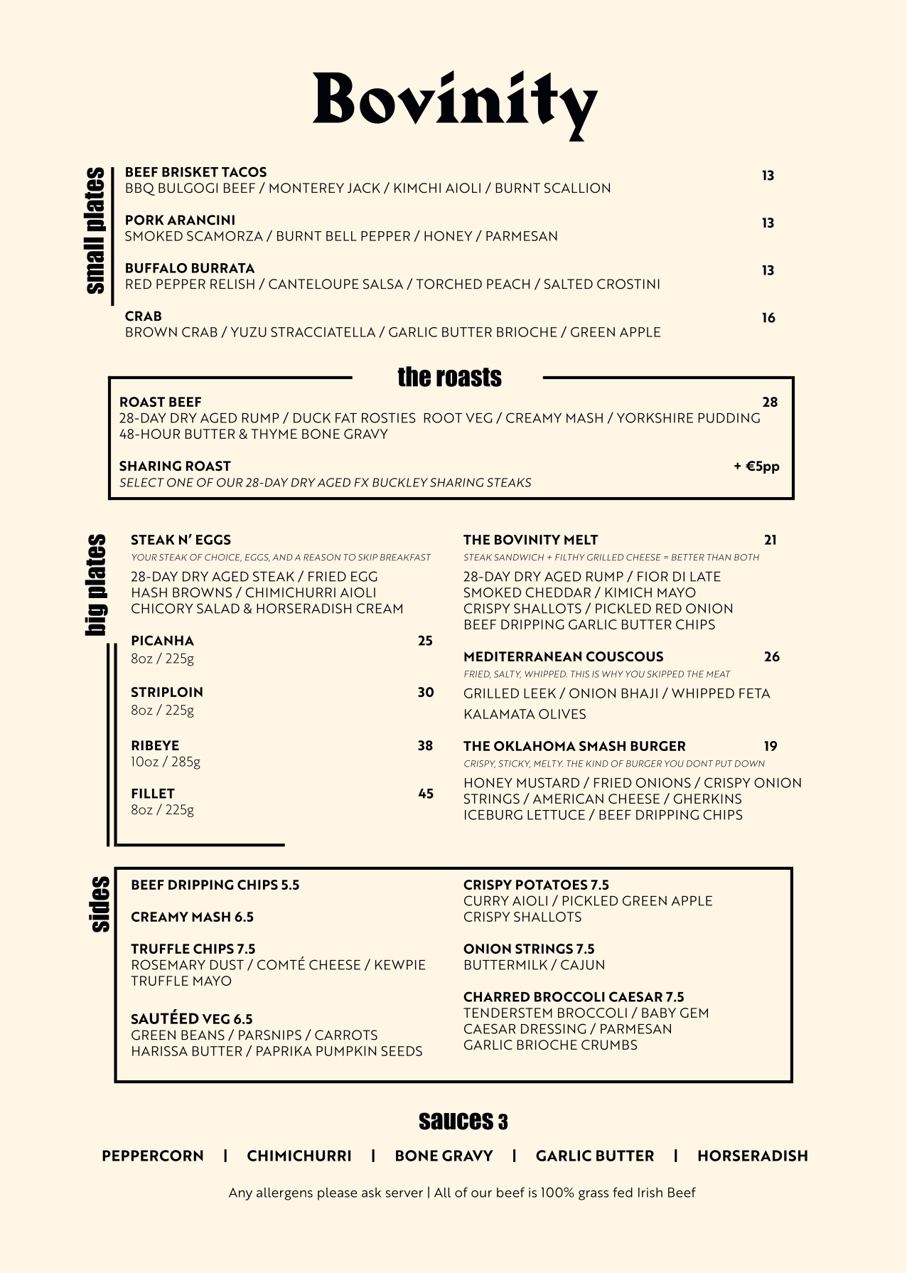 Weekend lunch and roast menu
